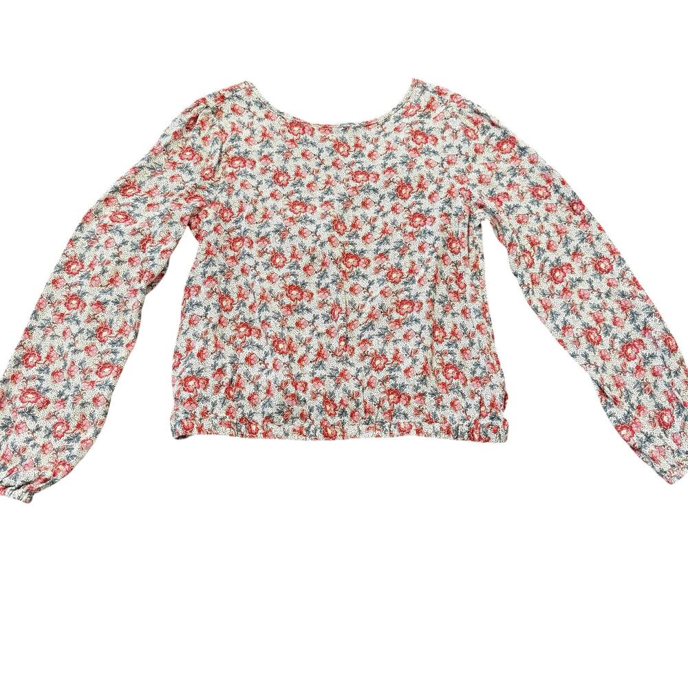 LOFT longsleeve blouse, blue/pink floral, back vneck, cinched bottom hem, XXSP